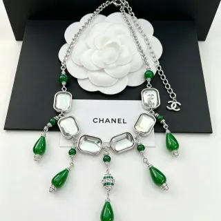 Chanel Green Bead and Crystal Pendant Necklace