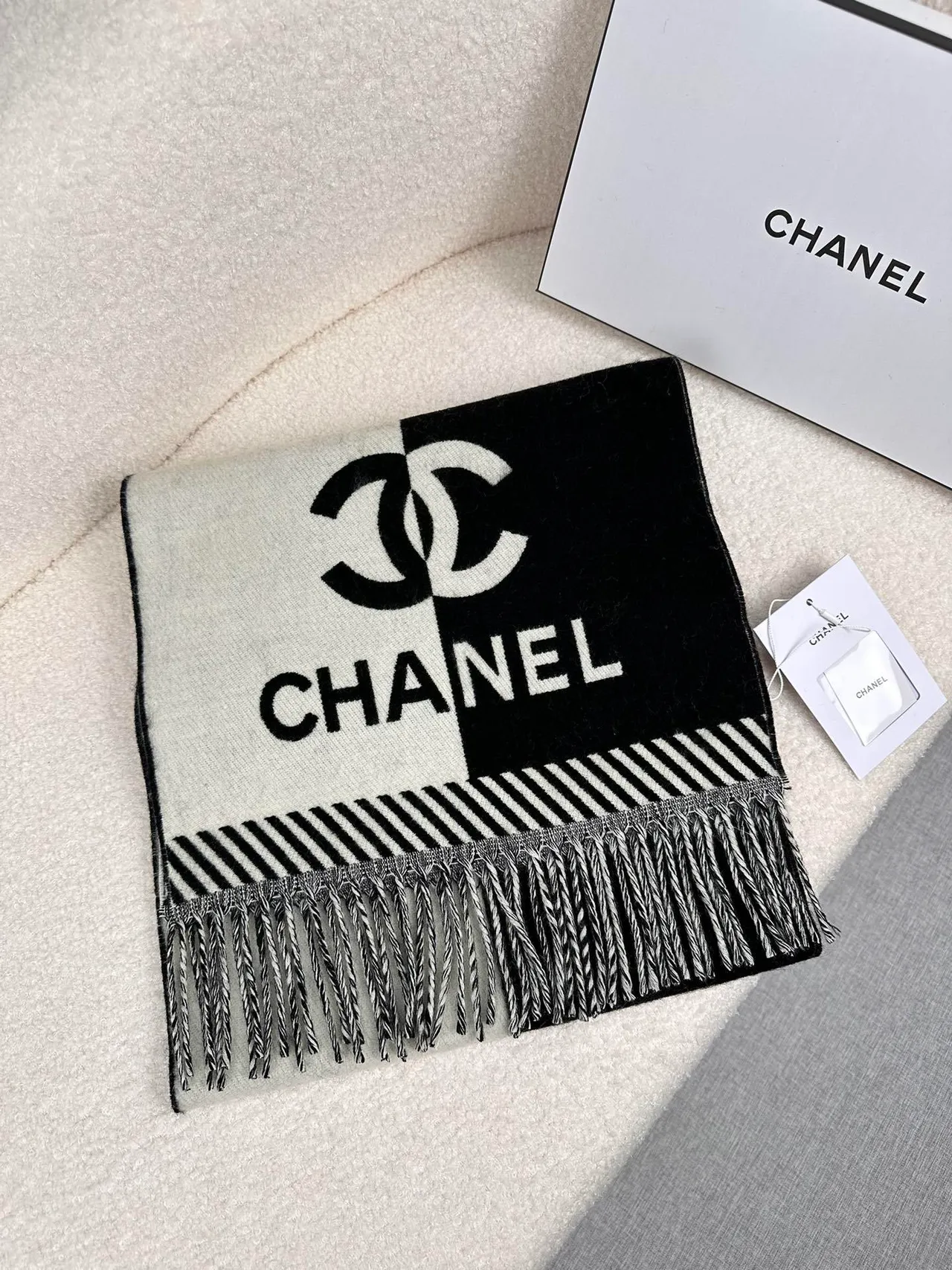 Chanel Logo-Striped Cashmere Scarf 6