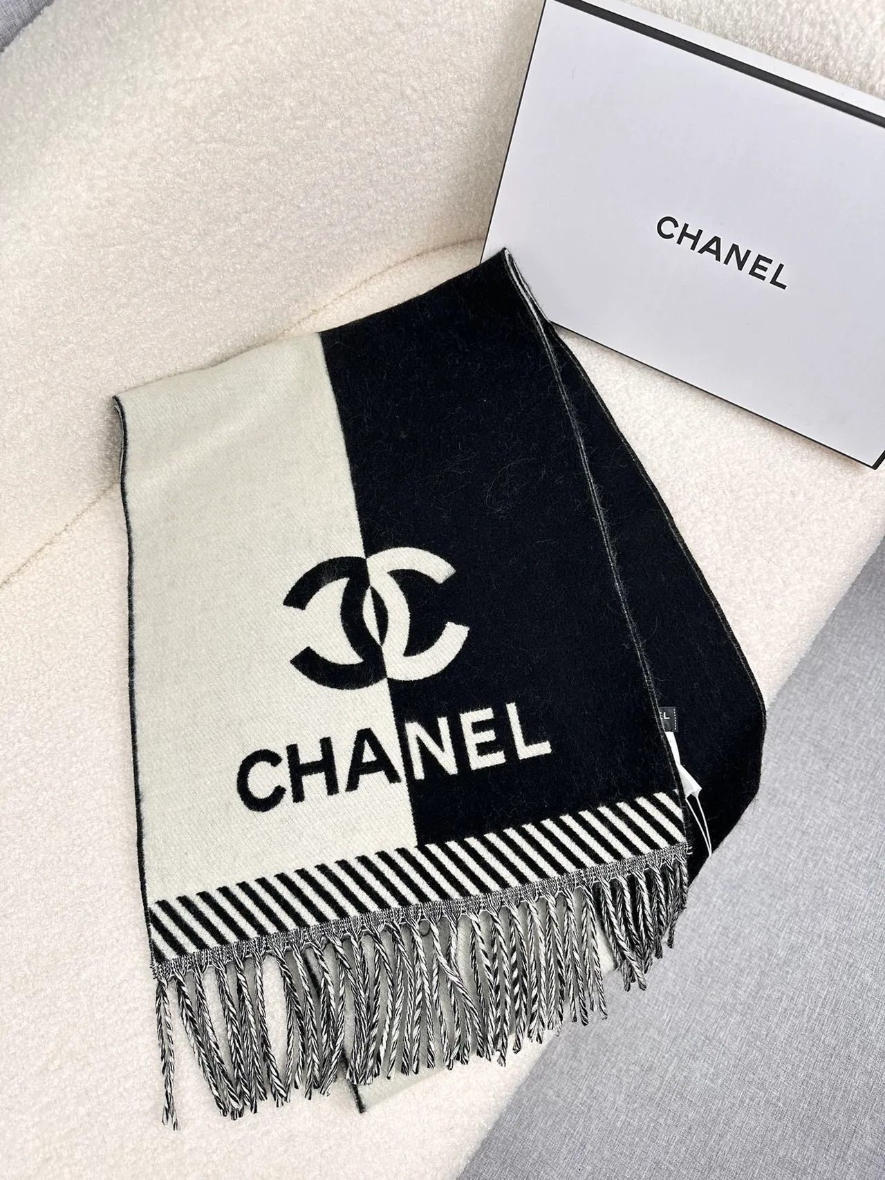 Chanel Logo-Striped Cashmere Scarf 4