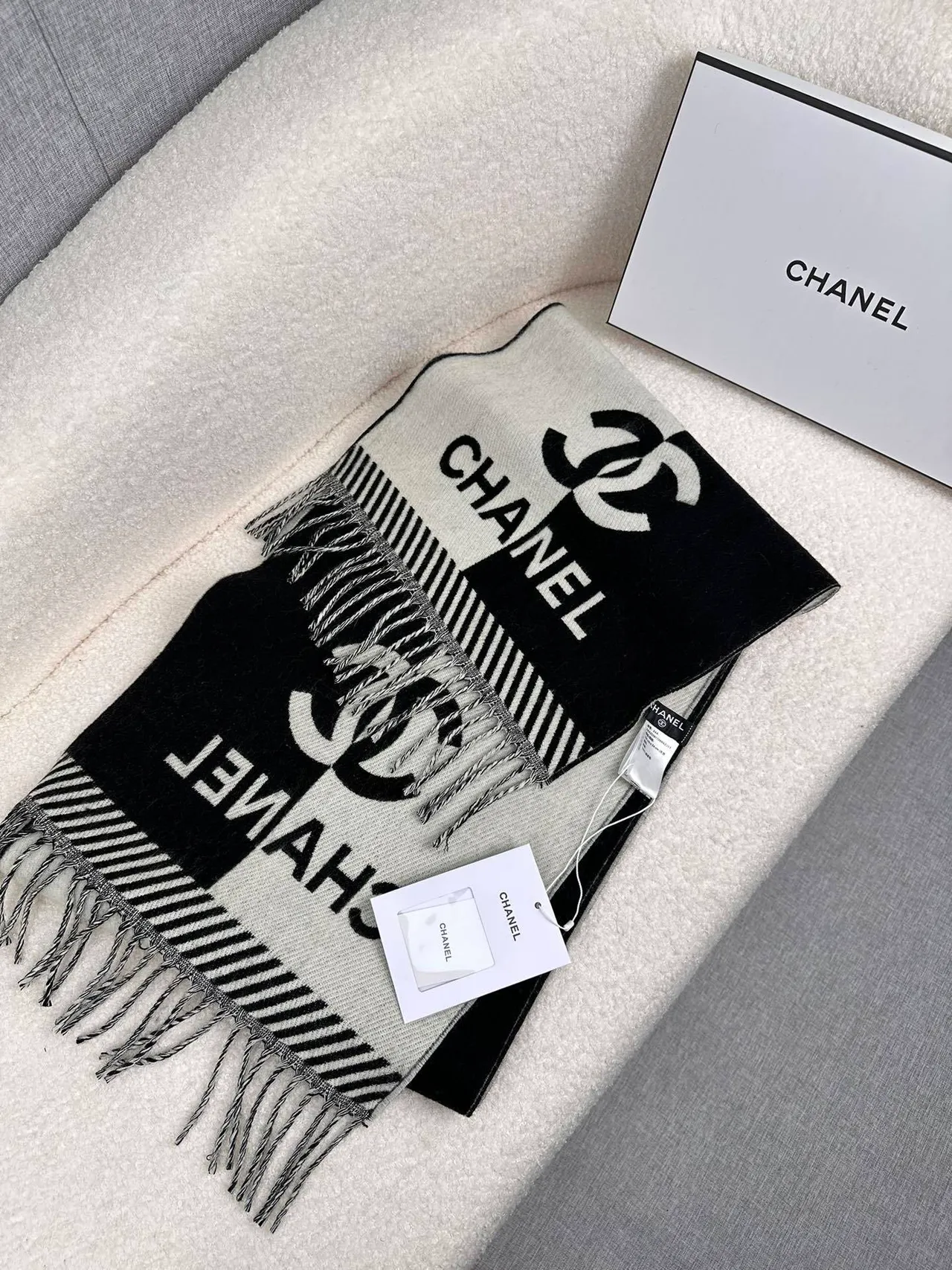 Chanel Logo-Striped Cashmere Scarf 7