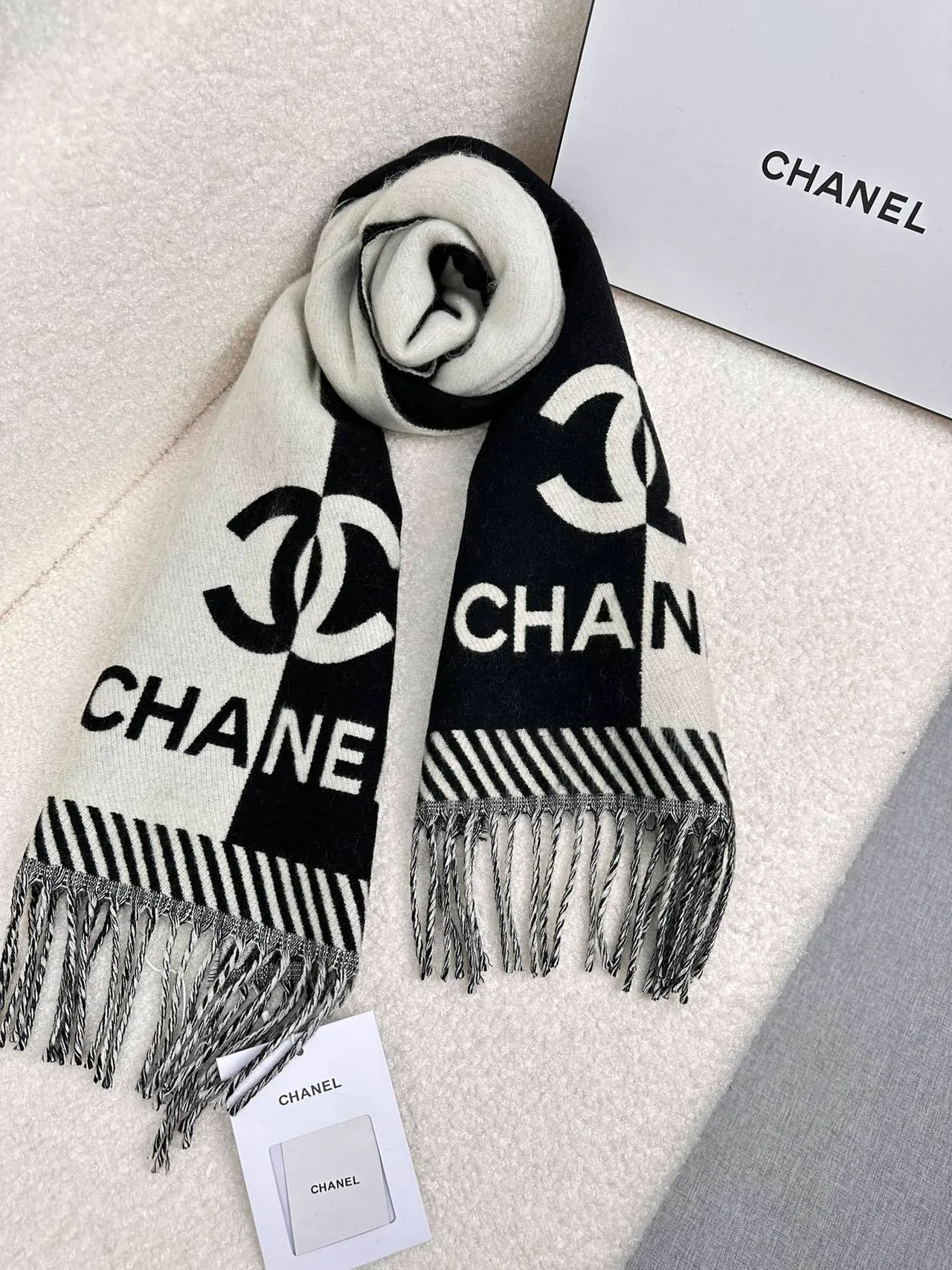Chanel Logo-Striped Cashmere Scarf 5
