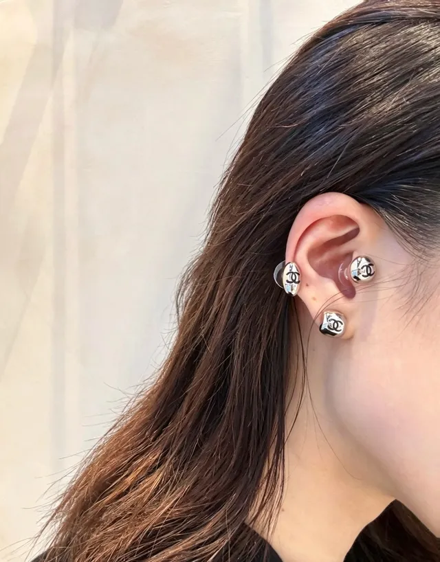 Chanel Logo Stud Silver Black Polished Metallic Earrings 2