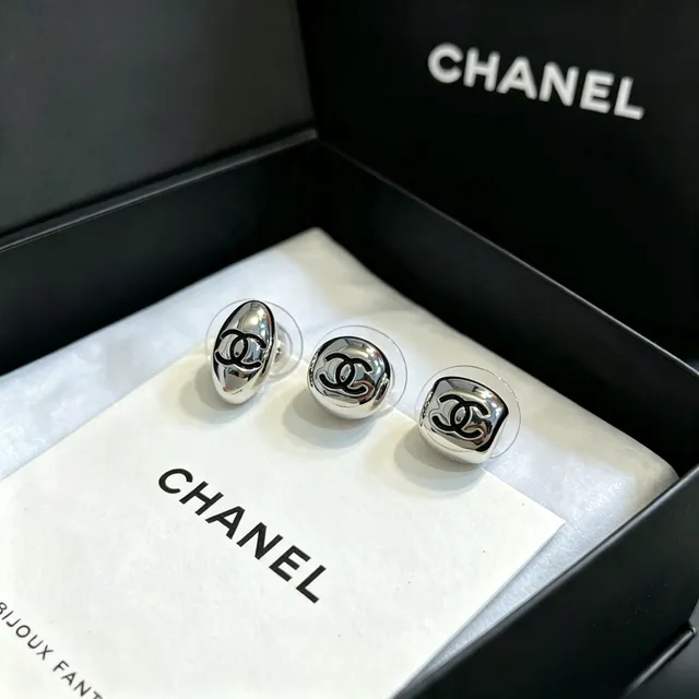 Chanel Logo Stud Silver Black Polished Metallic Earrings 6