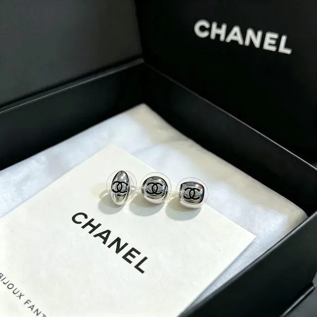 Chanel Logo Stud Silver Black Polished Metallic Earrings 8