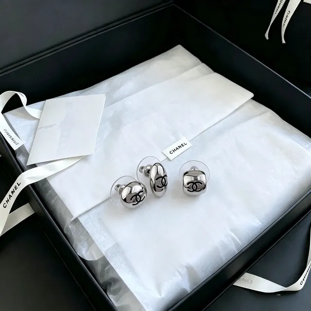 Chanel Logo Stud Silver Black Polished Metallic Earrings 9