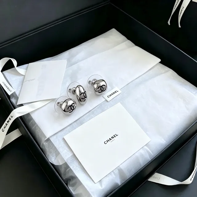 Chanel Logo Stud Silver Black Polished Metallic Earrings 10