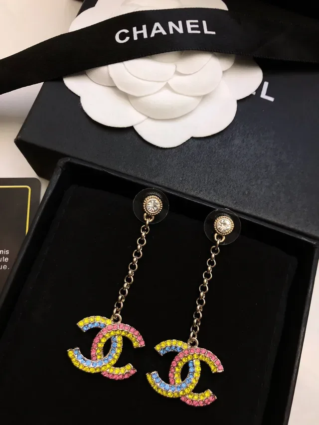 Chanel Multicolor Enamel Interlocking CC Dangling Chain Earrings 3