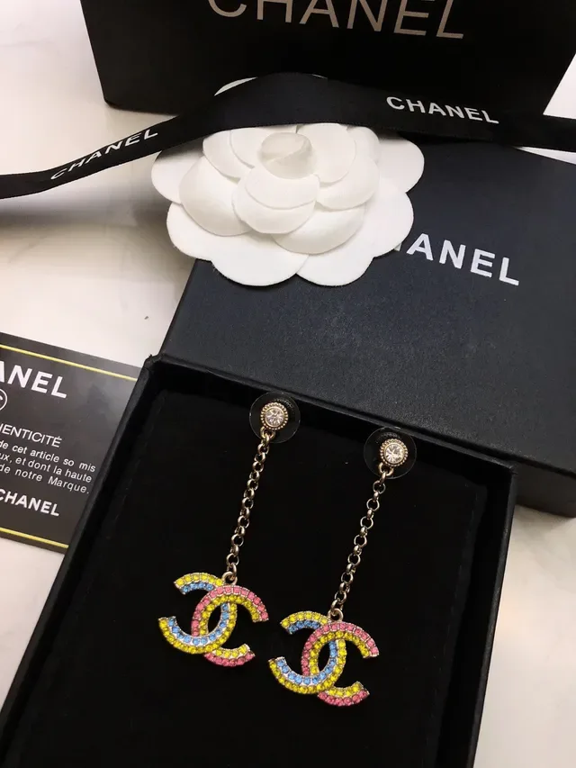 Chanel Multicolor Enamel Interlocking CC Dangling Chain Earrings 4