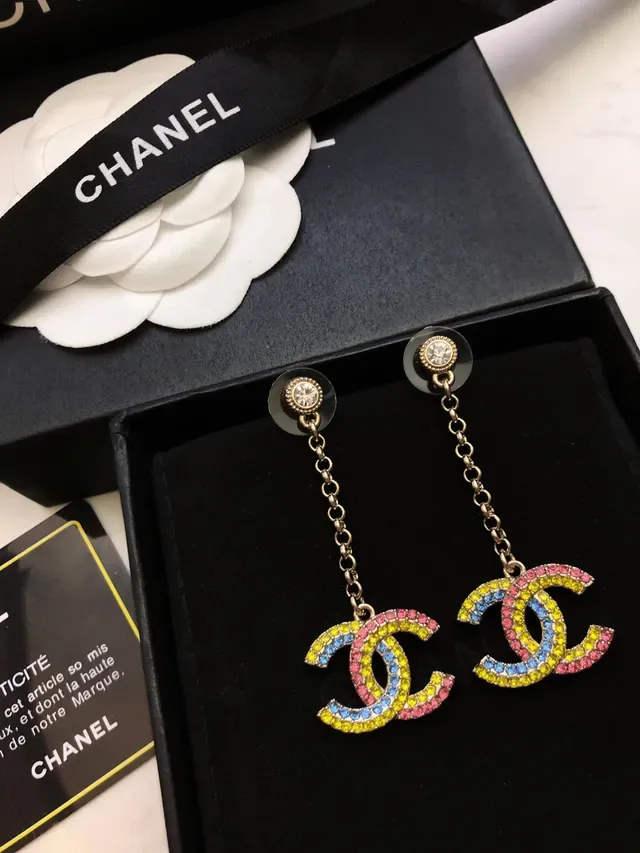 Chanel Multicolor Enamel Interlocking CC Dangling Chain Earrings 9