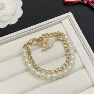 Chanel Pearl and Crystal CC Logo Gold-Tone Double-Strand Bracelet