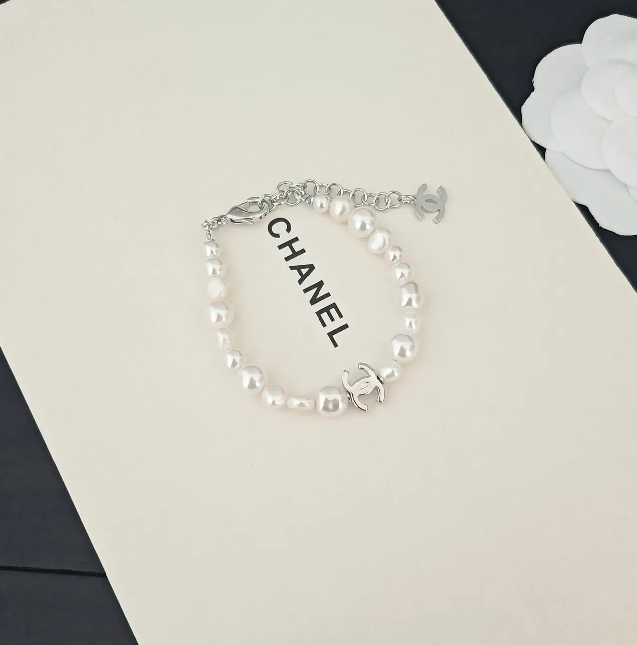 Chanel Pearl Strand Bracelet White Silver Interlocking CC Charm Bracelet 2