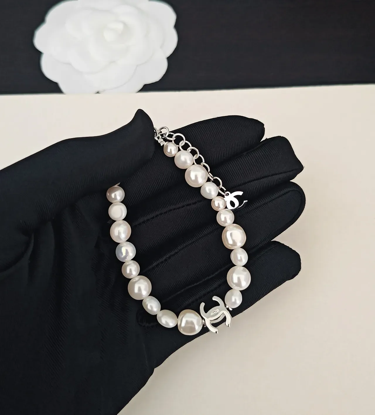Chanel Pearl Strand Bracelet White Silver Interlocking CC Charm Bracelet 3