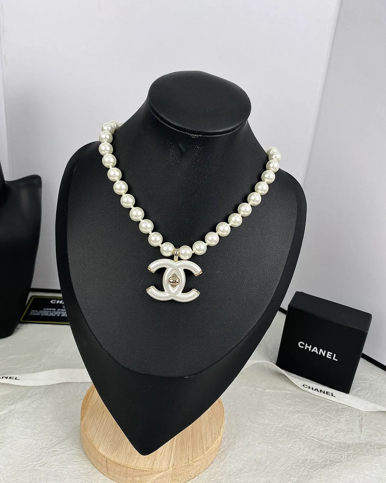 Chanel Pearl Strand Necklace White Silver Resin CC Pendant Necklace 2