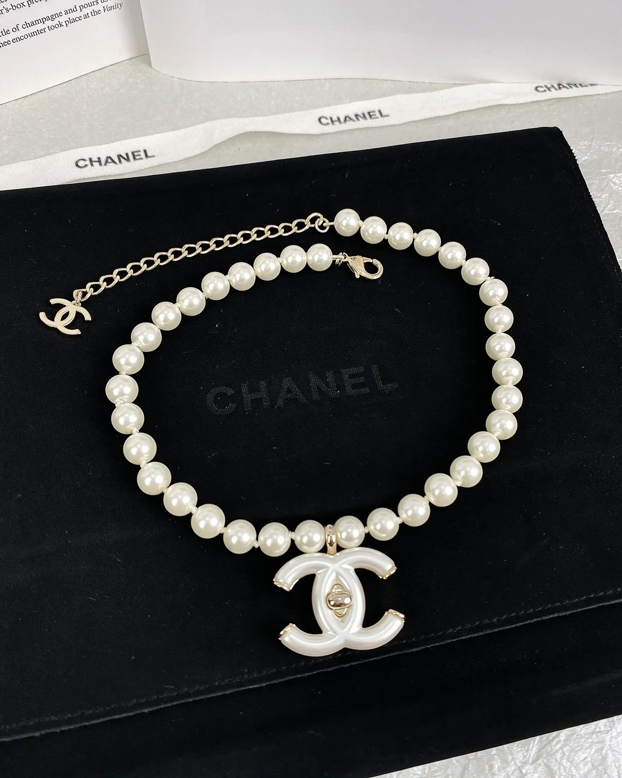 Chanel Pearl Strand Necklace White Silver Resin CC Pendant Necklace 4