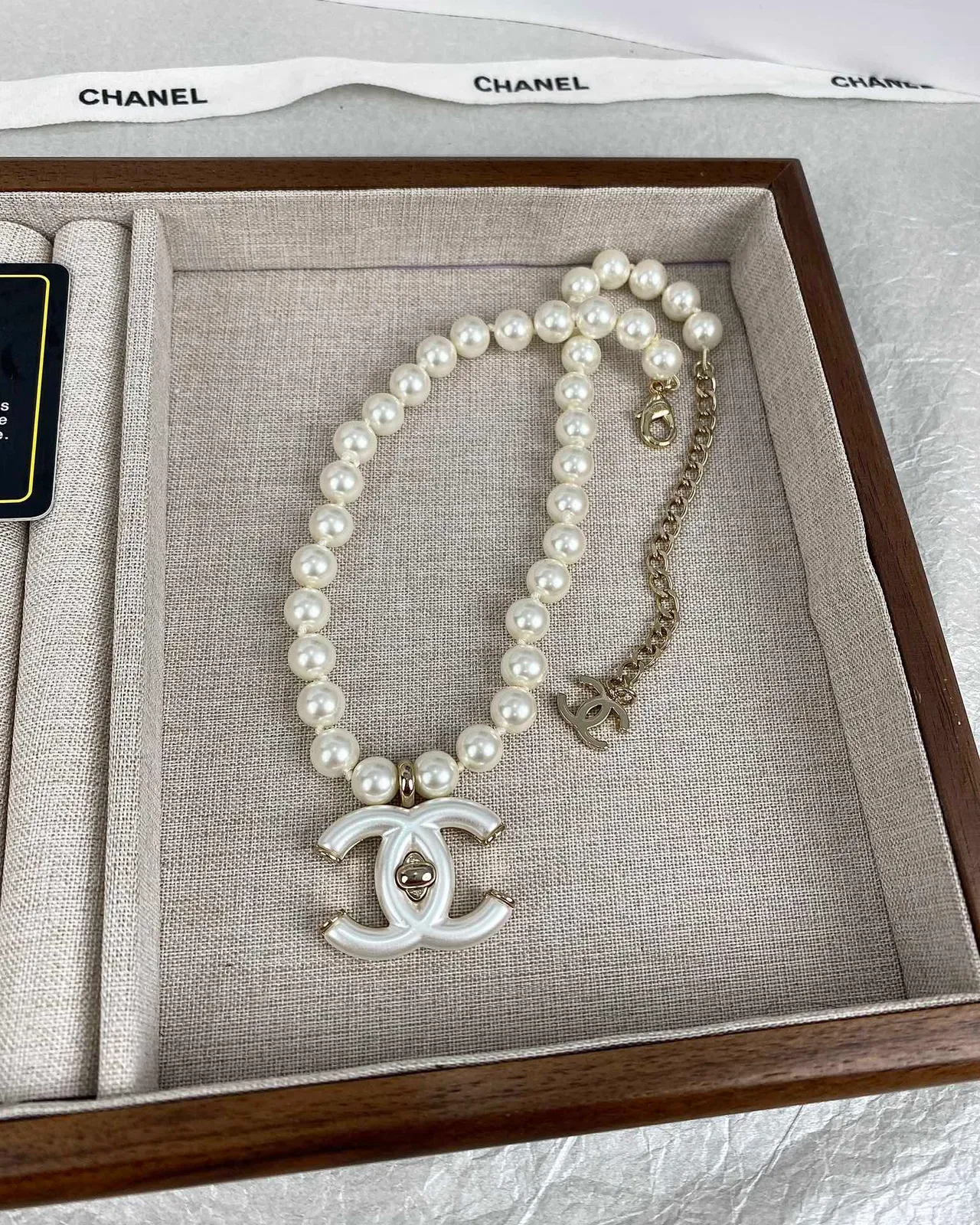 Chanel Pearl Strand Necklace White Silver Resin CC Pendant Necklace 5