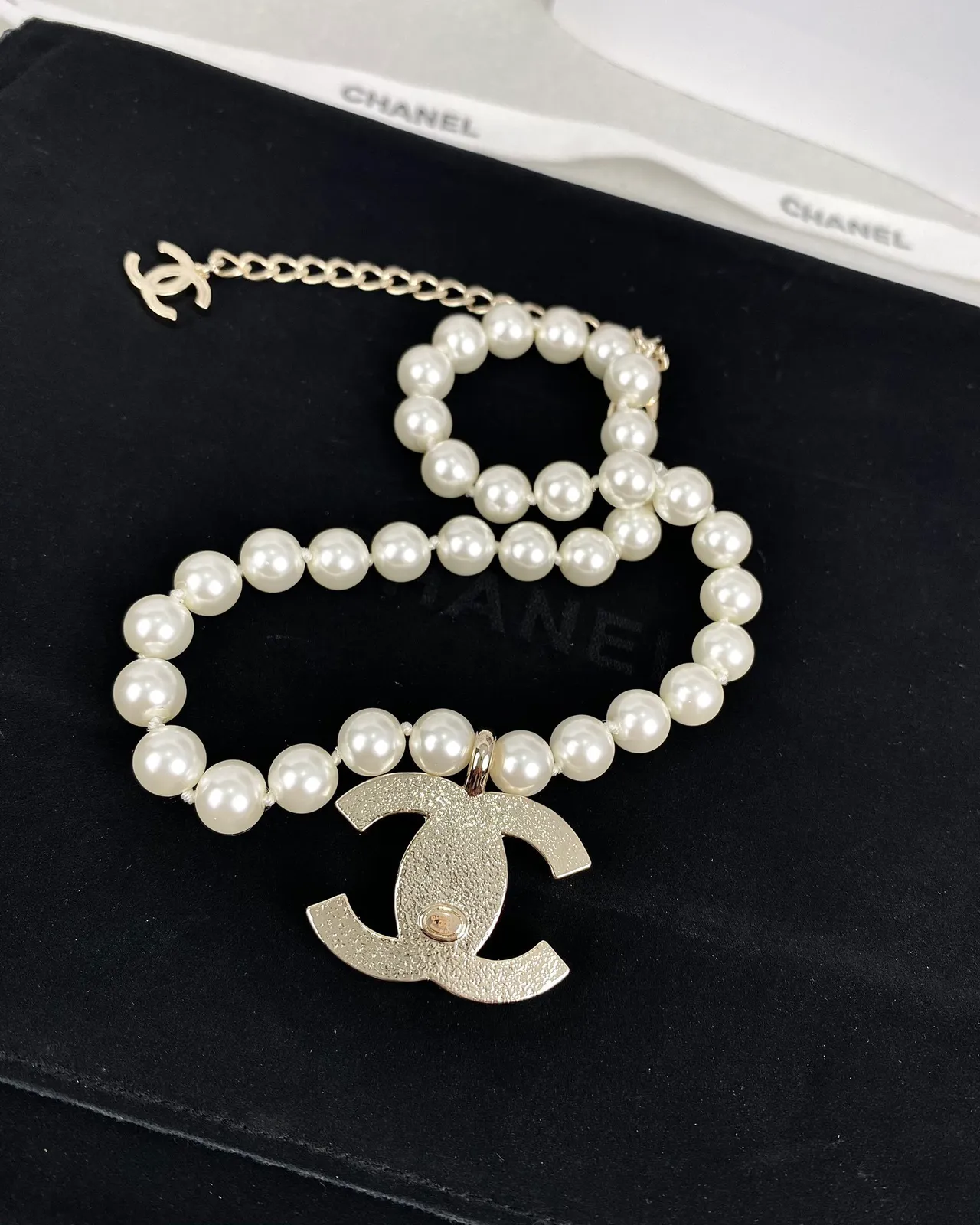 Chanel Pearl Strand Necklace White Silver Resin CC Pendant Necklace 6