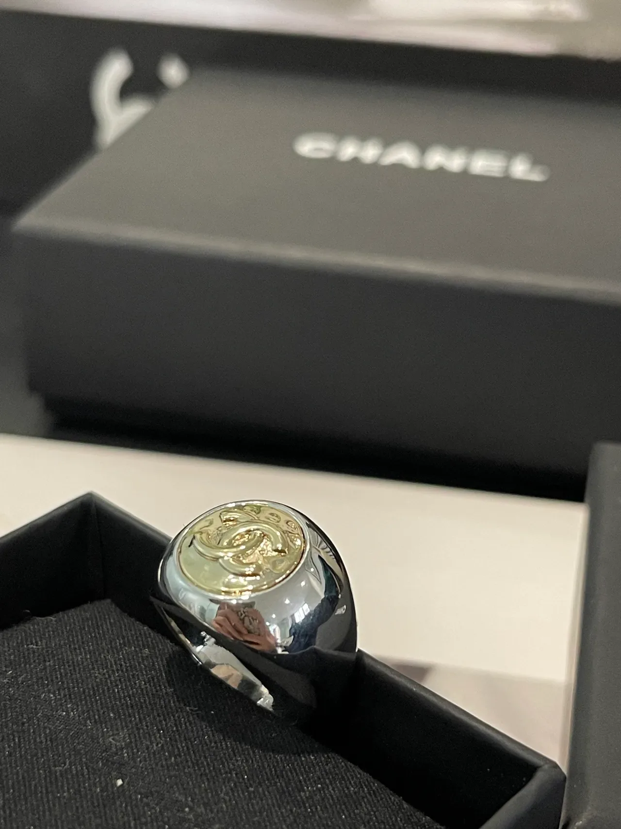 Chanel Signet Ring Silver and Gold Tone Logo Ring 2