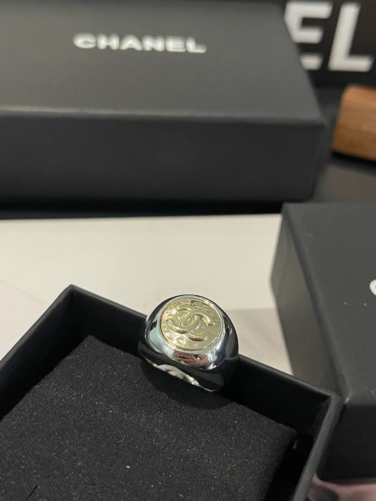 Chanel Signet Ring Silver and Gold Tone Logo Ring 3