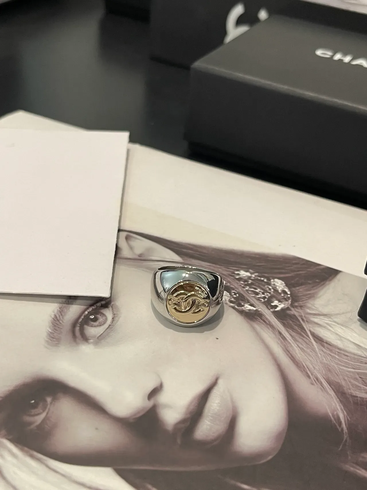 Chanel Signet Ring Silver and Gold Tone Logo Ring 5