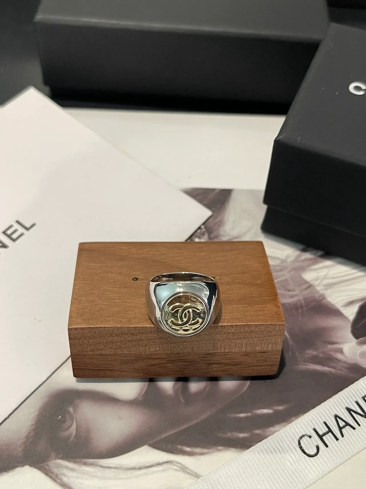 Chanel Signet Ring Silver and Gold Tone Logo Ring 6