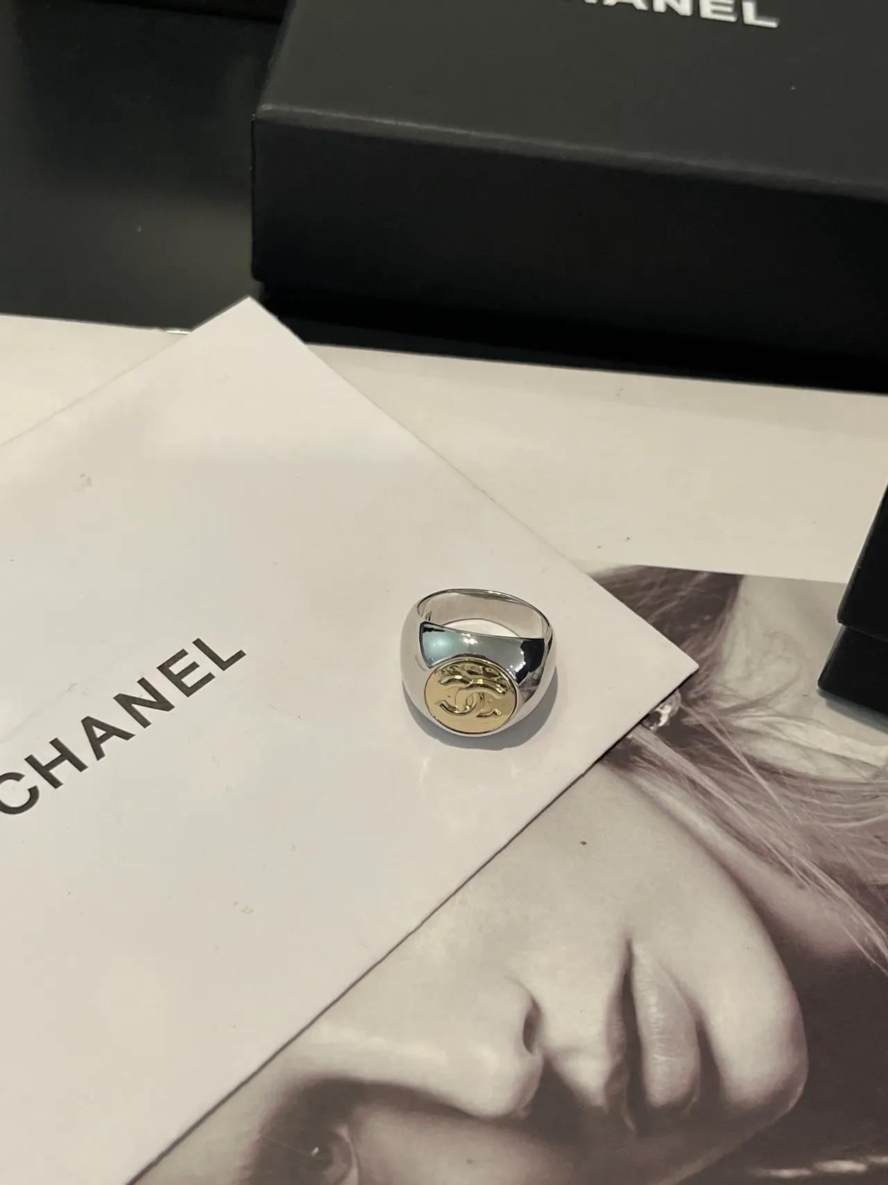 Chanel Signet Ring Silver and Gold Tone Logo Ring 7