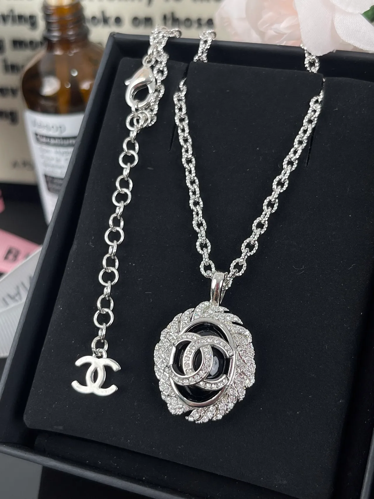 Chanel Silver Black Curb Chain Crystal-Encrusted Halo Necklace 3