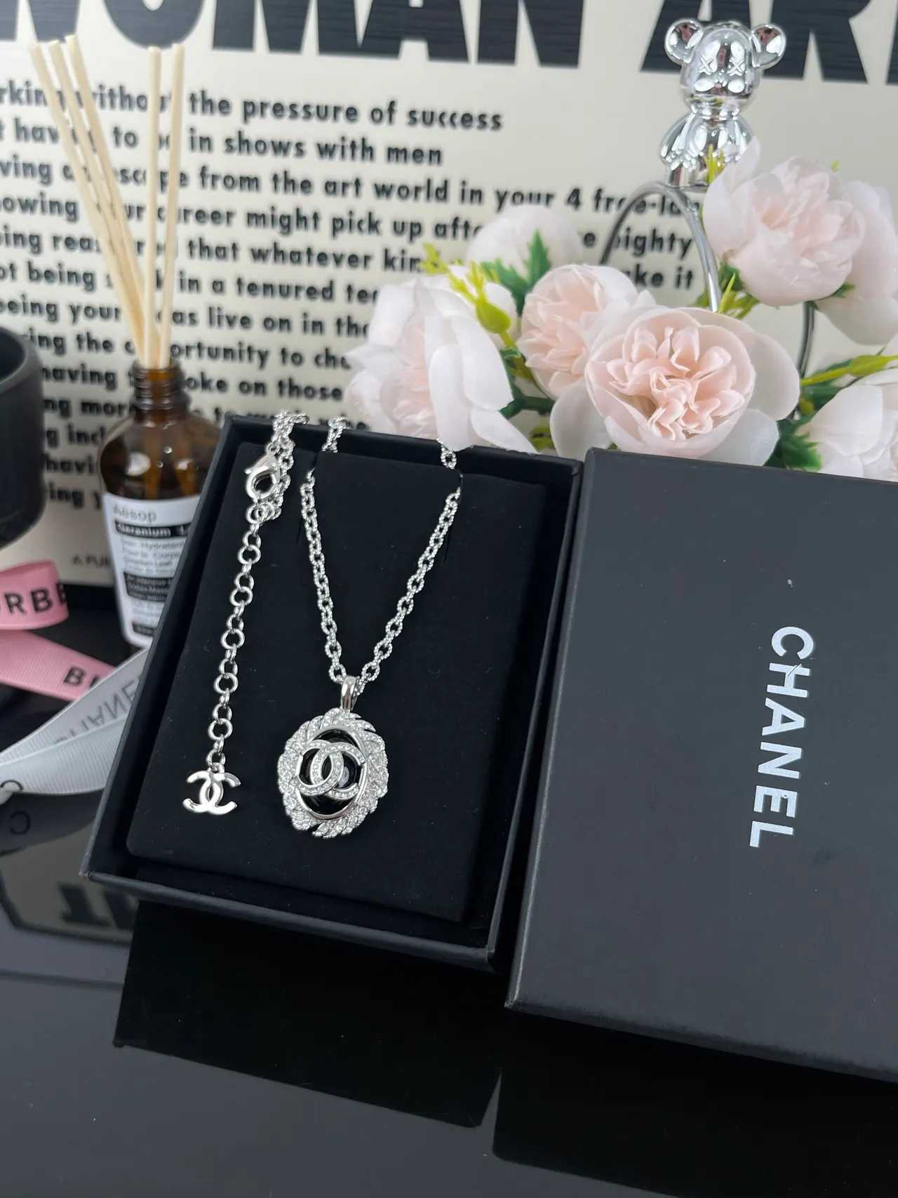 Chanel Silver Black Curb Chain Crystal-Encrusted Halo Necklace 4