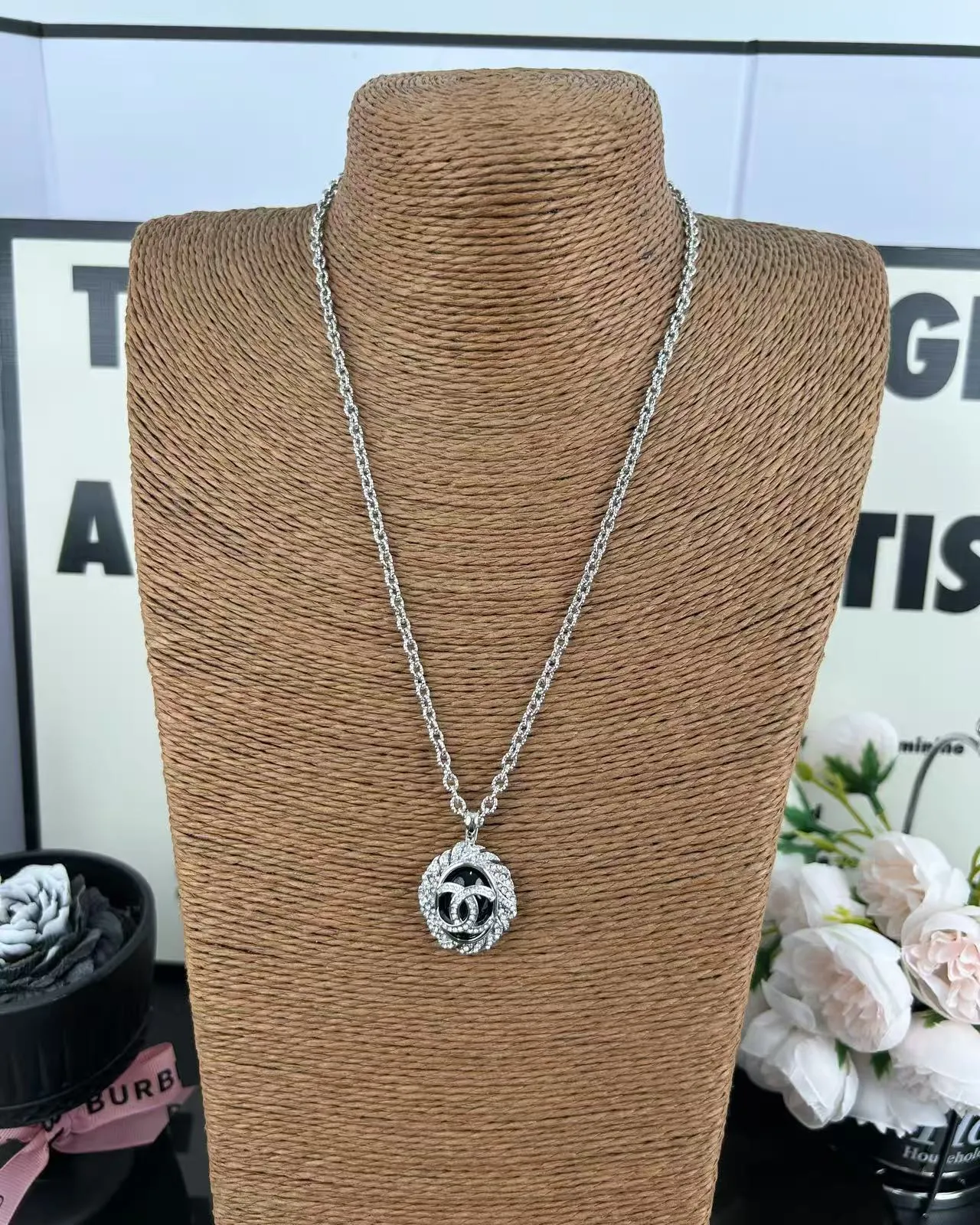 Chanel Silver Black Curb Chain Crystal-Encrusted Halo Necklace 6