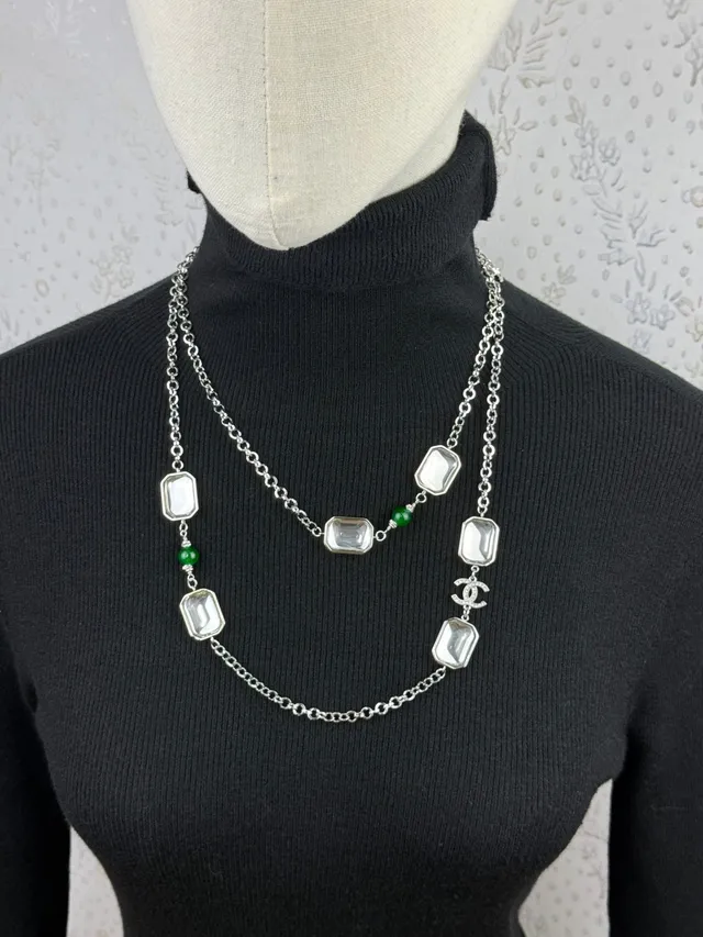 Chanel Silver Green Link Chain Rectangular Clear Stones Necklace 2