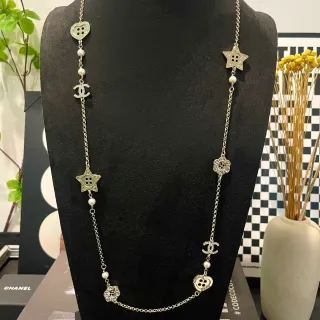 Chanel Silver White Long Chain Pearl Accents Necklace