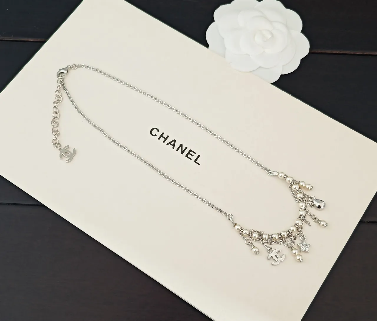 Chanel Silver White Multi-Charm Pearl-Accented Necklace 2