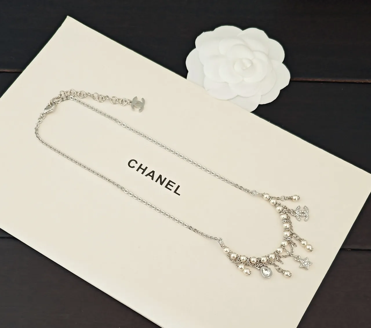 Chanel Silver White Multi-Charm Pearl-Accented Necklace 3