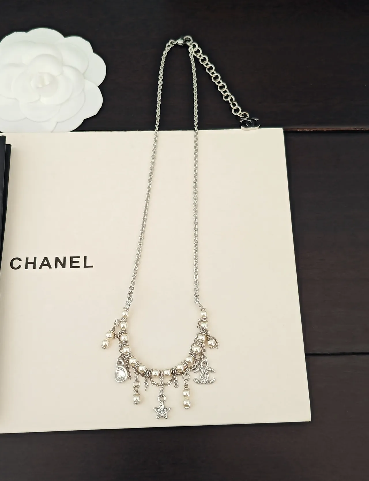 Chanel Silver White Multi-Charm Pearl-Accented Necklace 4