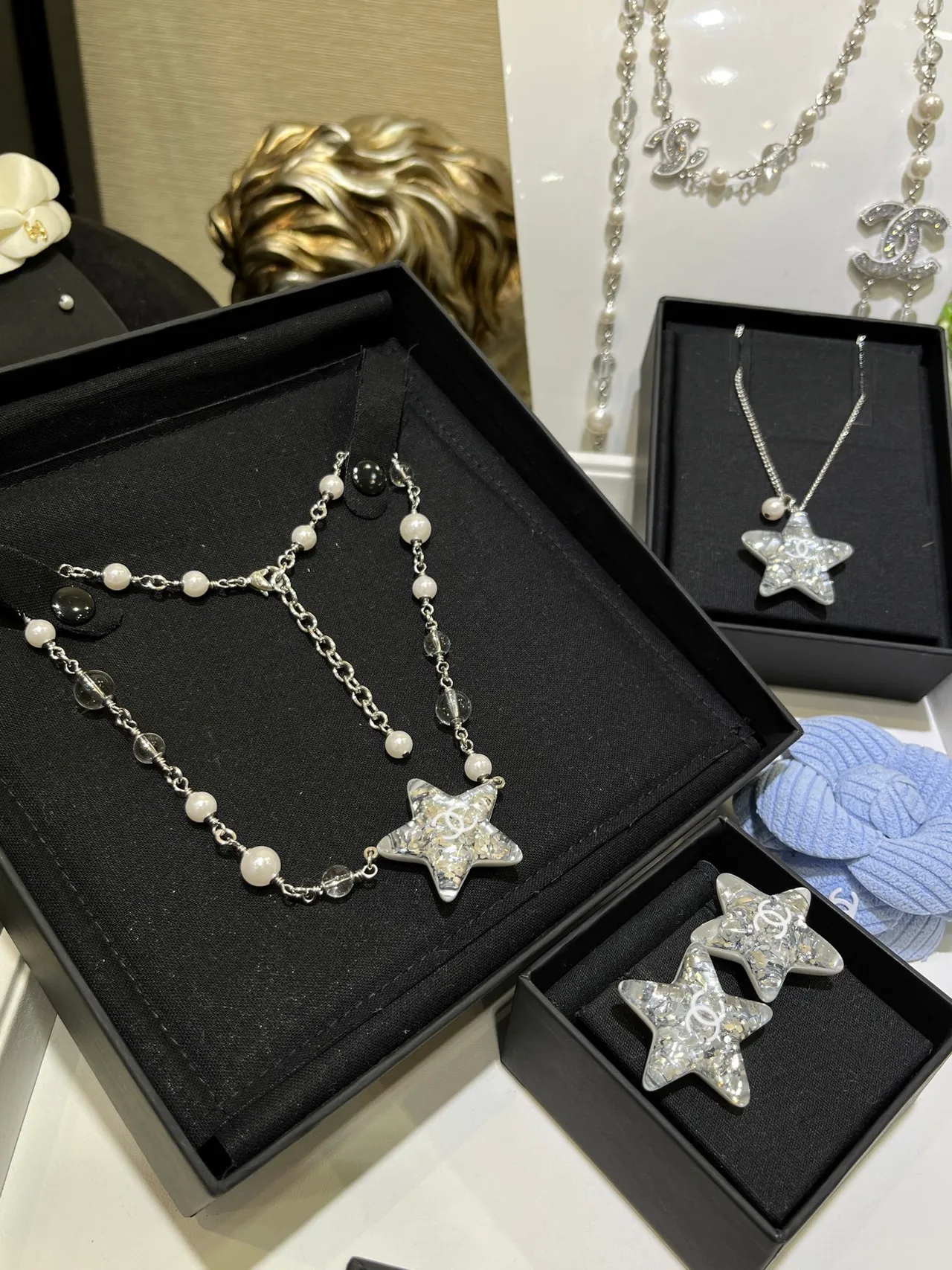 Chanel Silver White Star-Shaped Crystal Pavé Pendant Chain Necklace 3
