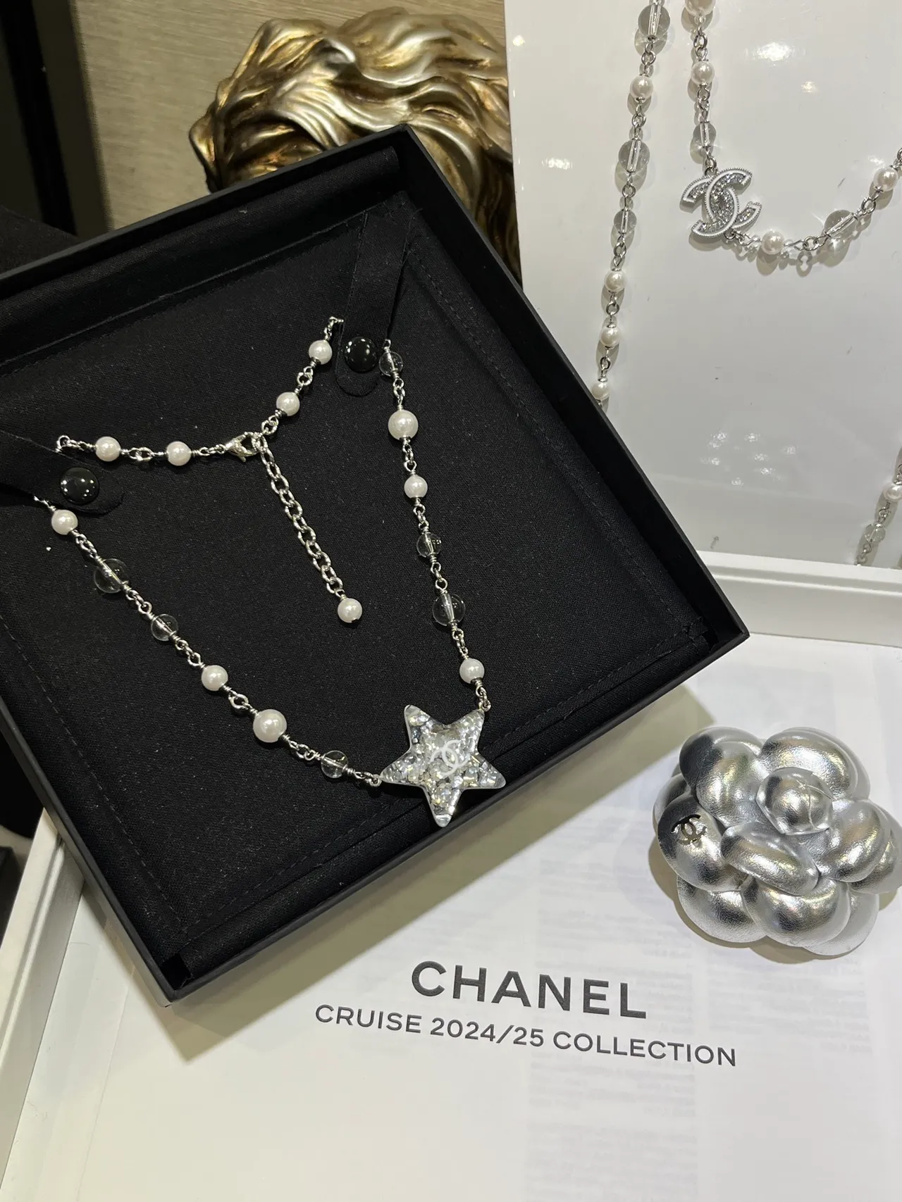 Chanel Silver White Star-Shaped Crystal Pavé Pendant Chain Necklace 7