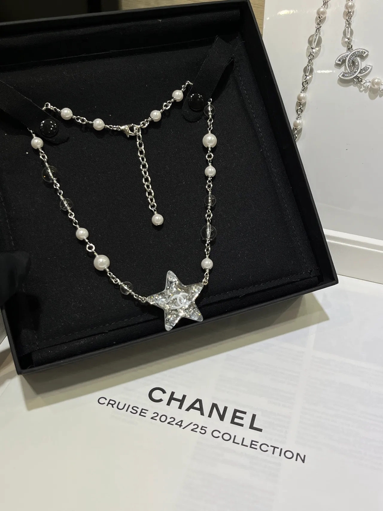 Chanel Silver White Star-Shaped Crystal Pavé Pendant Chain Necklace 8