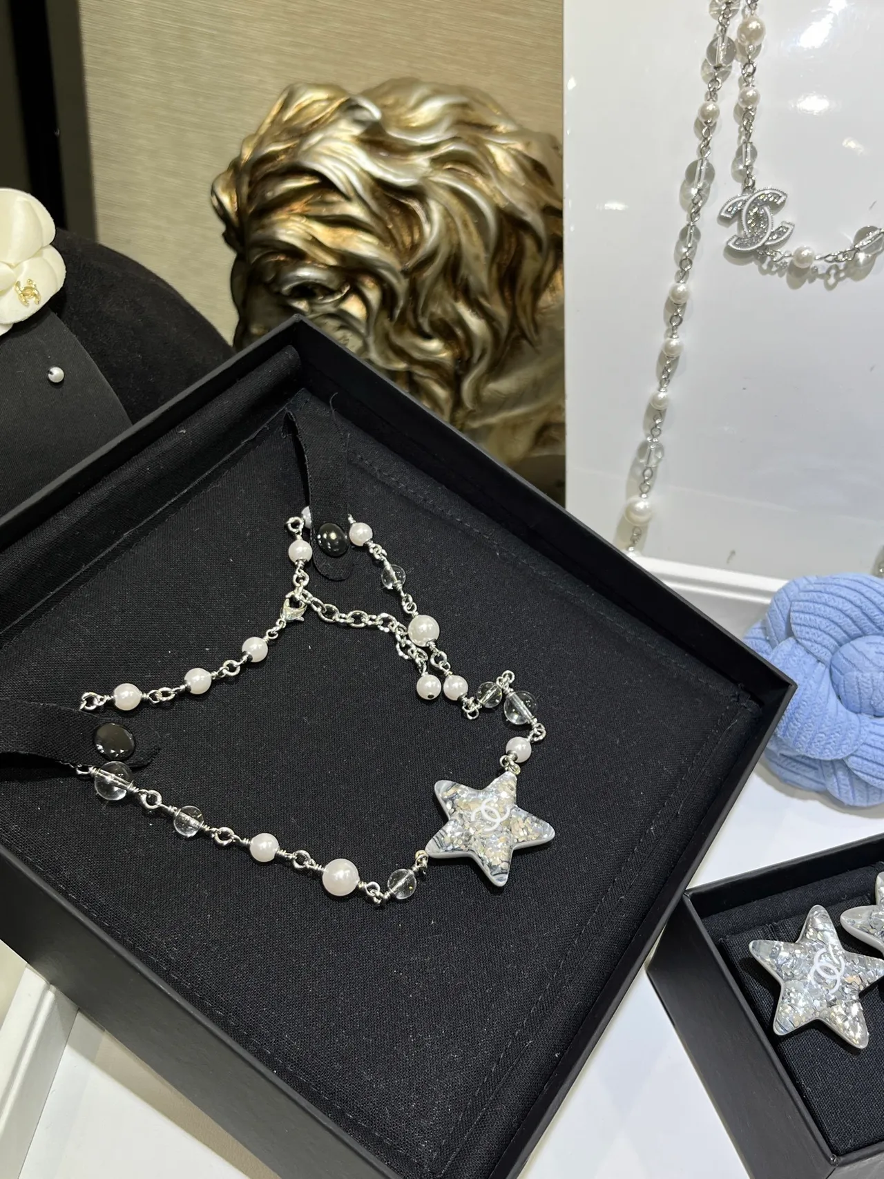 Chanel Silver White Star-Shaped Crystal Pavé Pendant Chain Necklace 9