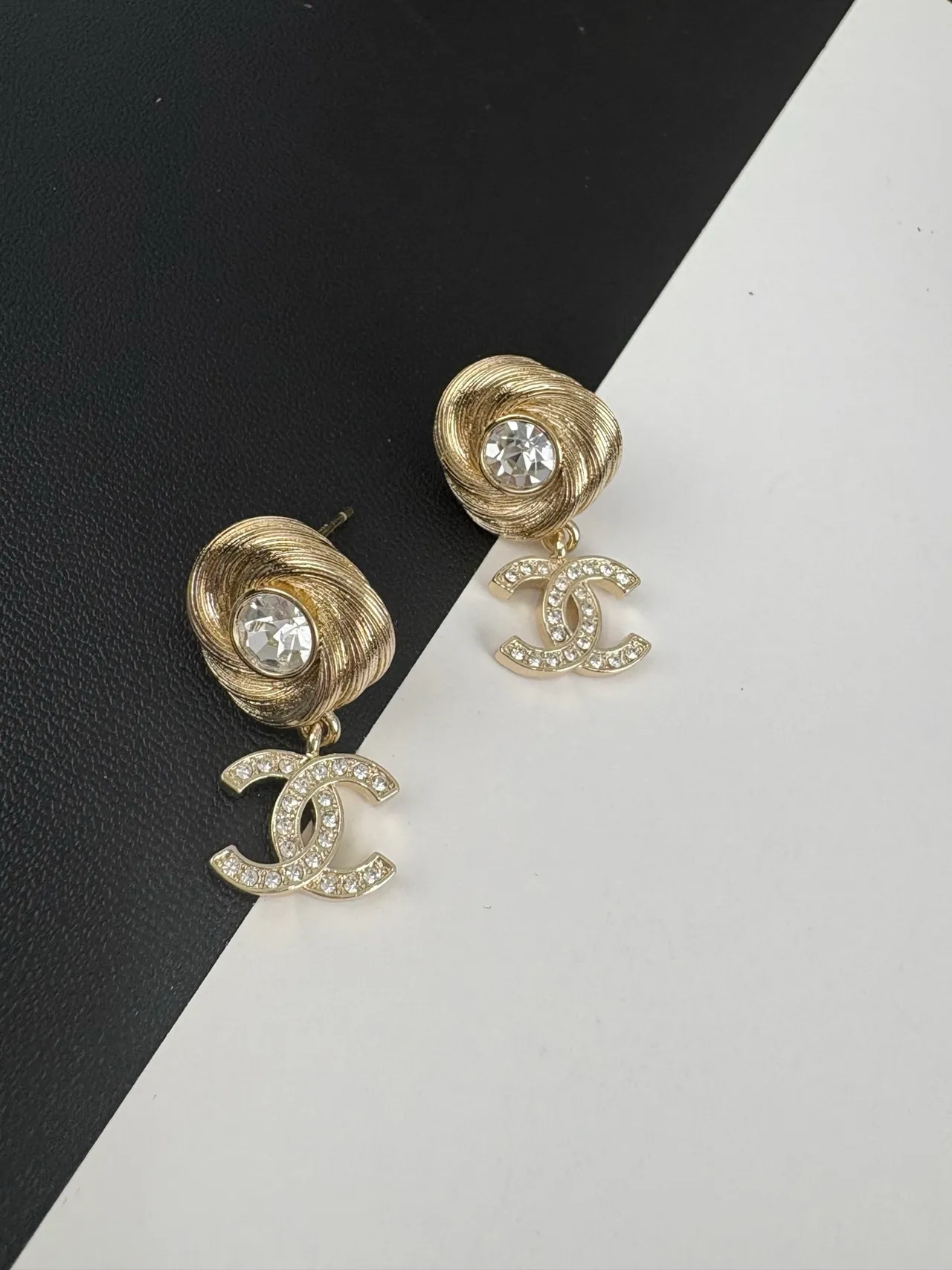 Chanel Spiral CC Crystal Gold-Tone Drop Earrings 3