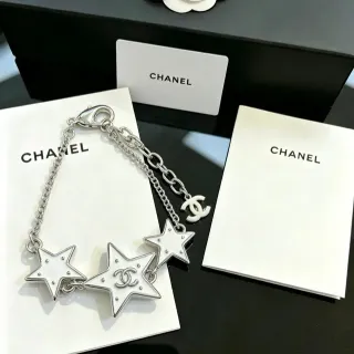 Chanel Star Motif White Enamel and Silver-Tone Chain Bracelet