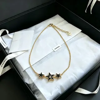 Chanel Three Stars Black Enamel and Gold-Tone Necklace
