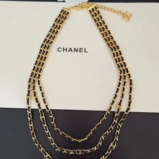 Chanel Triple-Strand Gold-Tone Chain and Black Leather Necklace