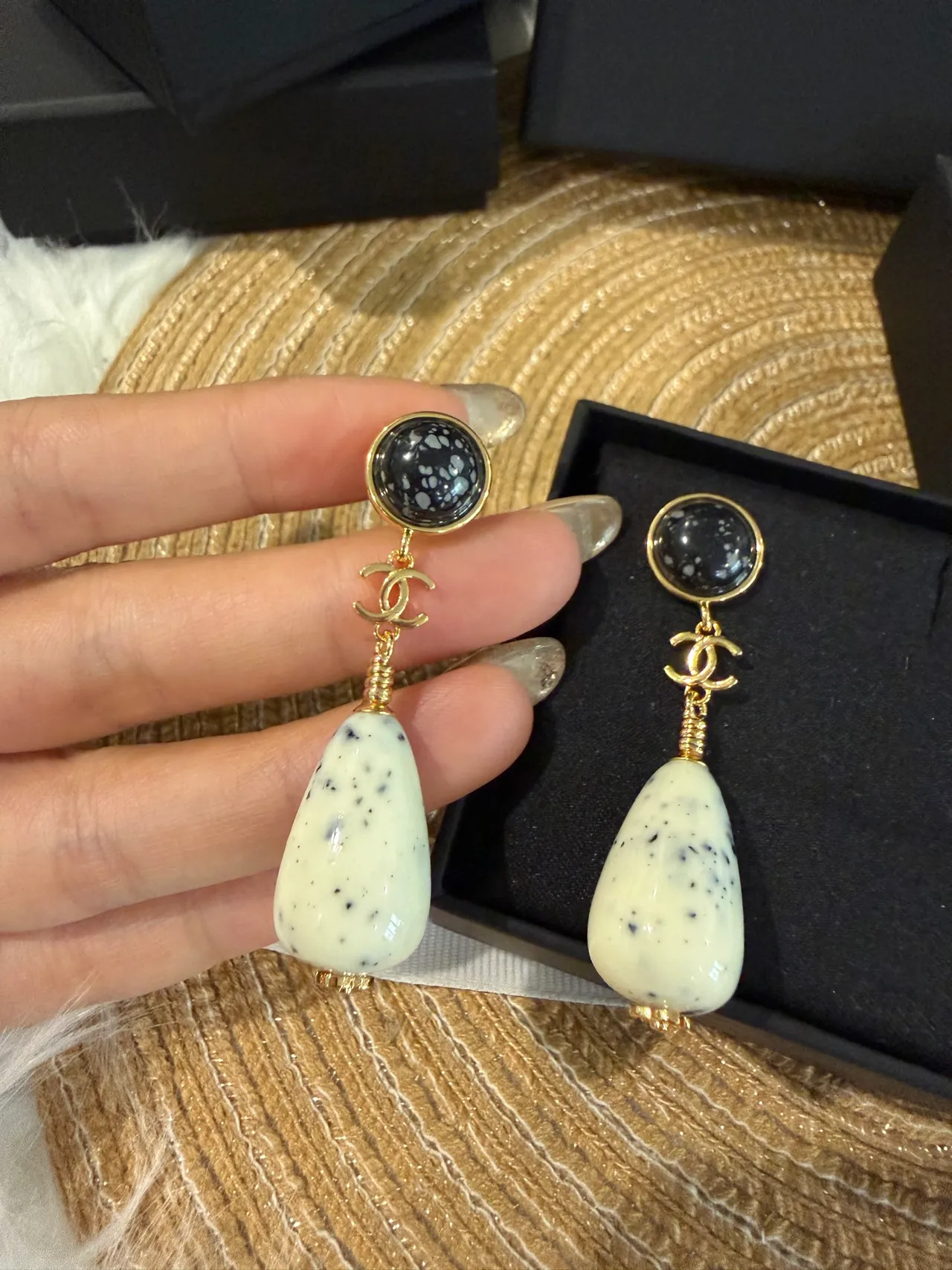 Chanel White Black Gold-Tone Hardware Two-Tiered Stone Construction Earrings 3