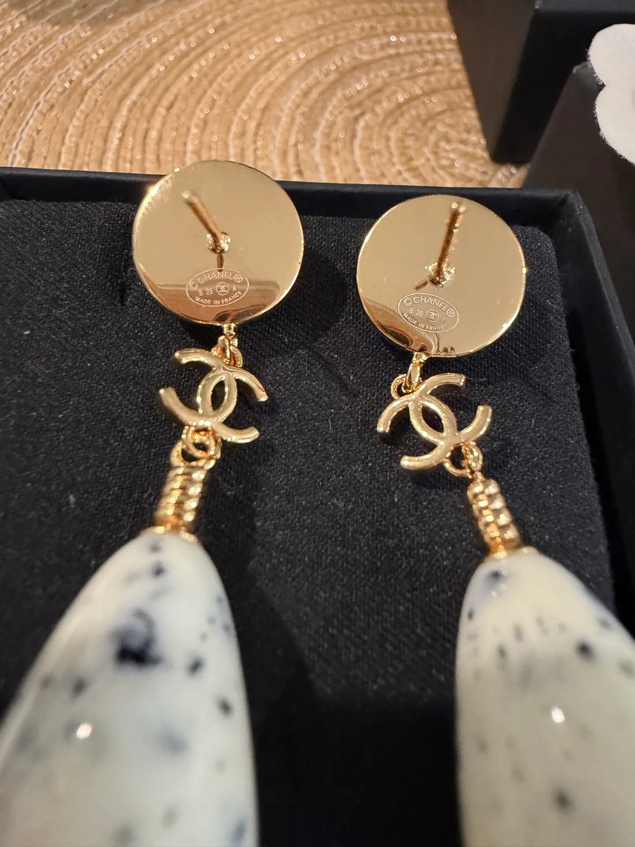 Chanel White Black Gold-Tone Hardware Two-Tiered Stone Construction Earrings 4