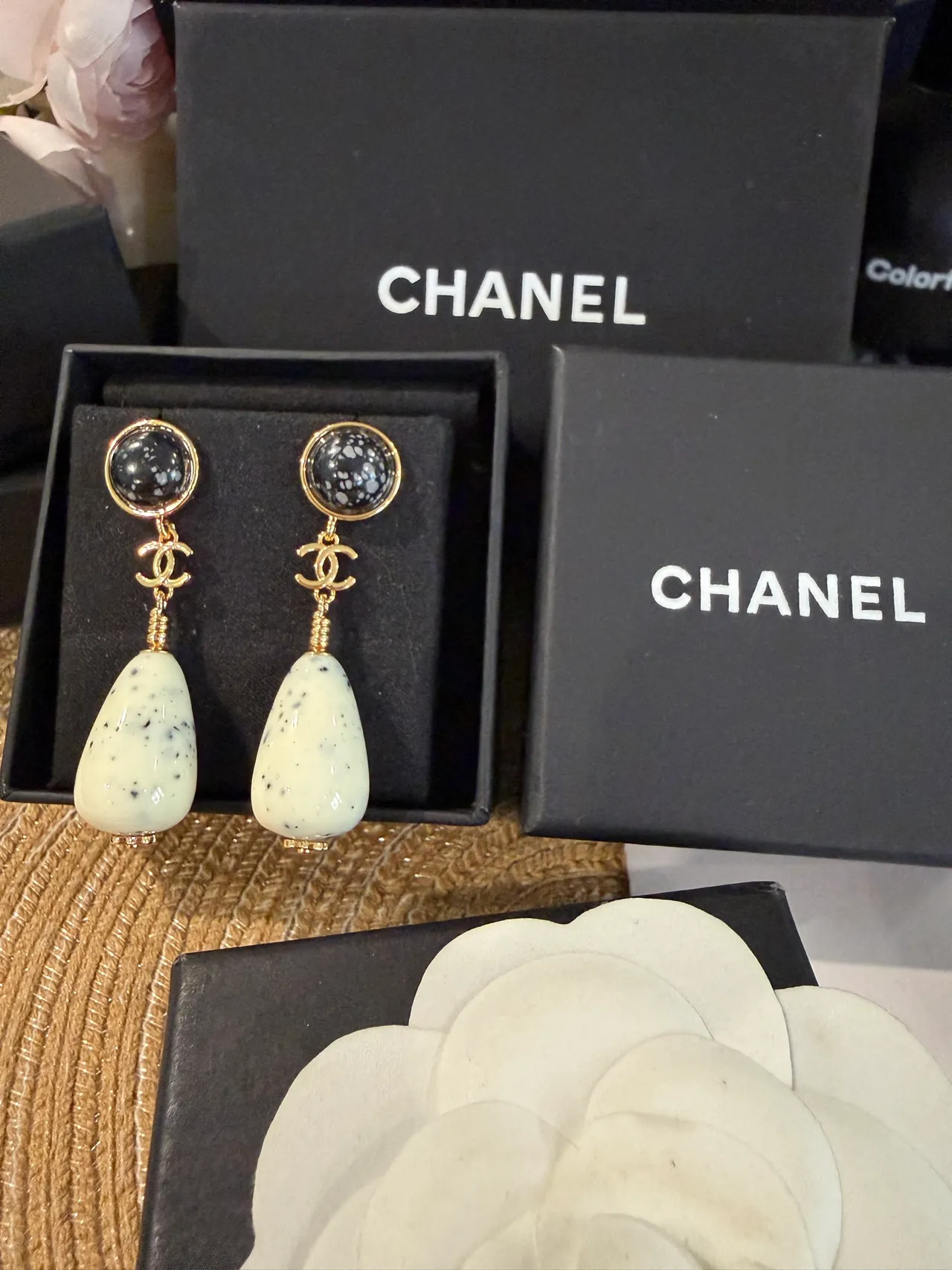 Chanel White Black Gold-Tone Hardware Two-Tiered Stone Construction Earrings 7