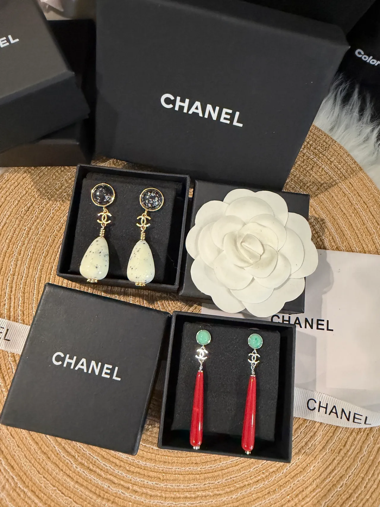 Chanel White Black Gold-Tone Hardware Two-Tiered Stone Construction Earrings 8