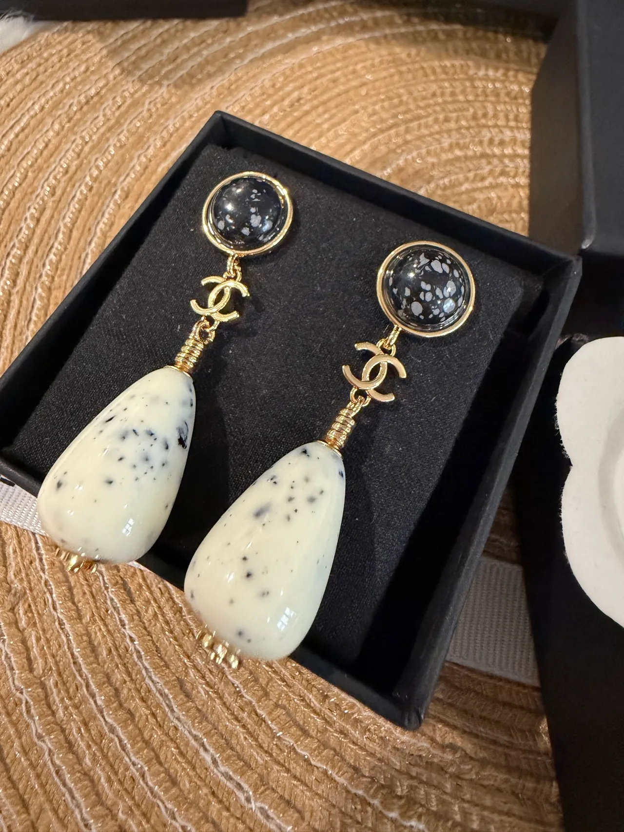 Chanel White Black Gold-Tone Hardware Two-Tiered Stone Construction Earrings 9