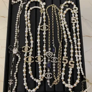 Chanel White Gold Pearl Strand Crystal-Embellished Necklace