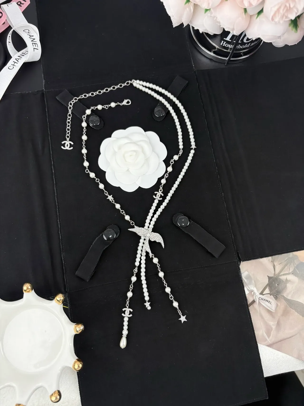 Chanel White Silver Pearl Strand Crystal-Embellished Bird Pendant Necklace 2