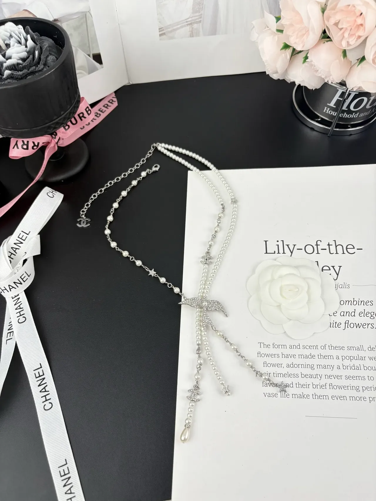 Chanel White Silver Pearl Strand Crystal-Embellished Bird Pendant Necklace 3
