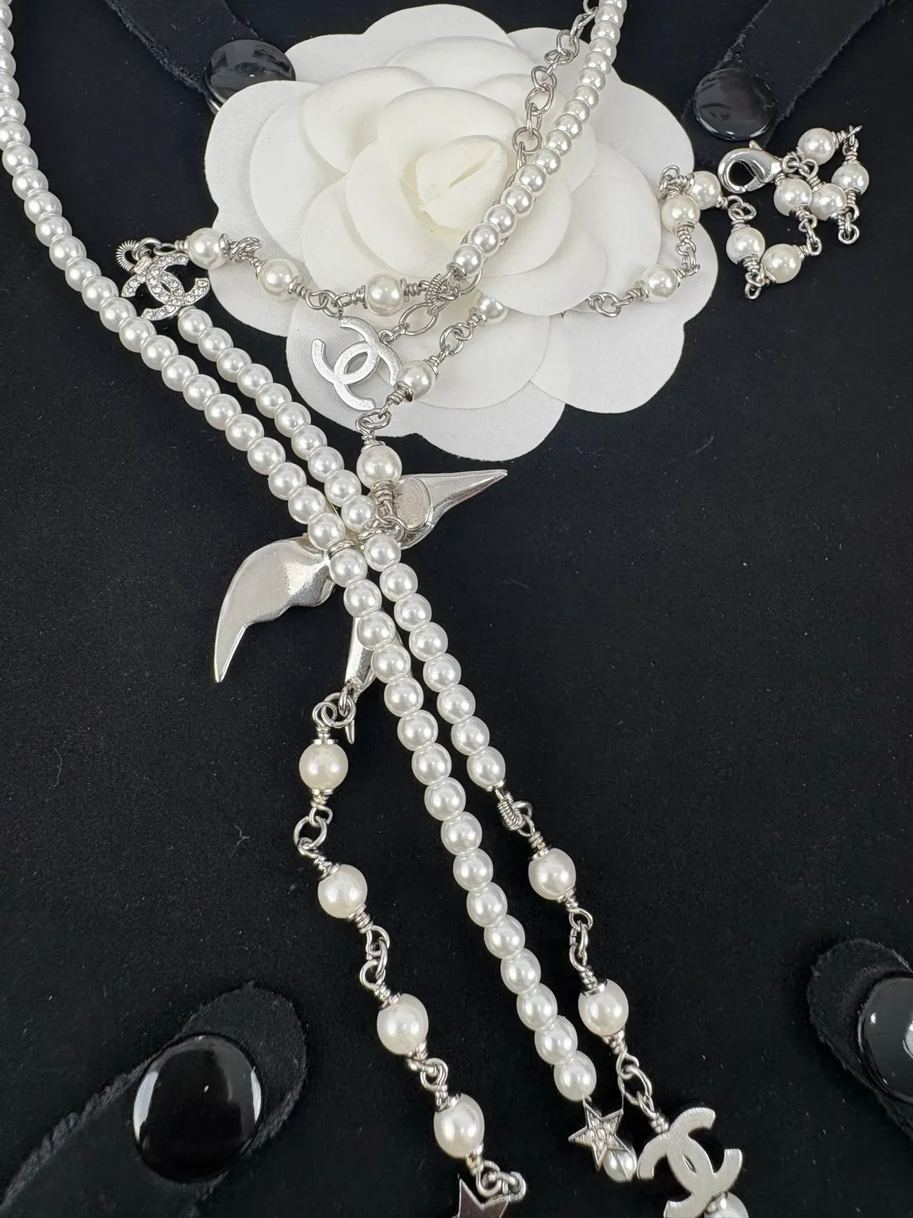 Chanel White Silver Pearl Strand Crystal-Embellished Bird Pendant Necklace 4
